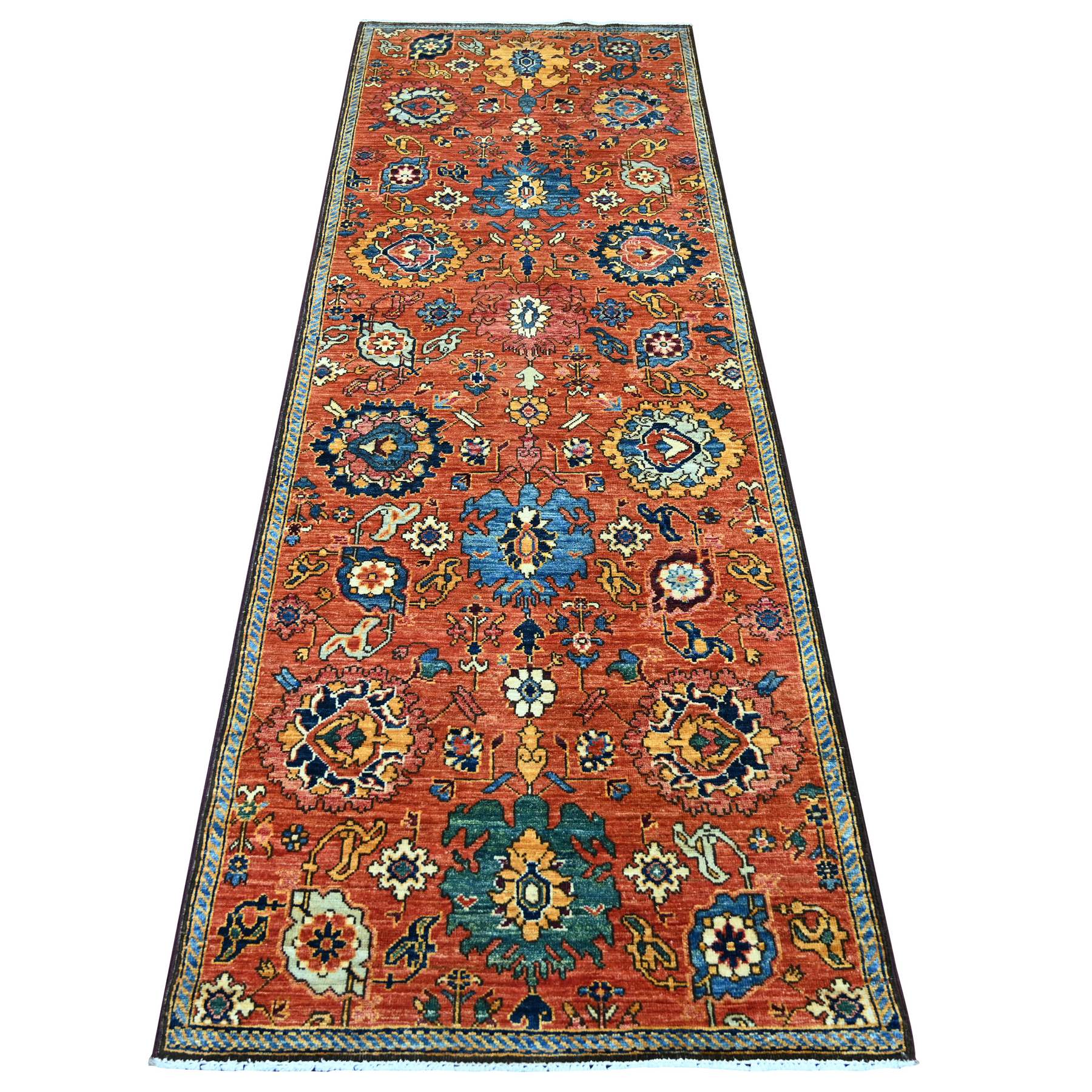2'10"x8'2" Rust Red, Northwest Persian All Over Design, Aryana Grade, Vegetable Dyes, Soft Pile, High Mountain Wool, Hand Knotted, Densely Woven, Runner, Oriental Rug 